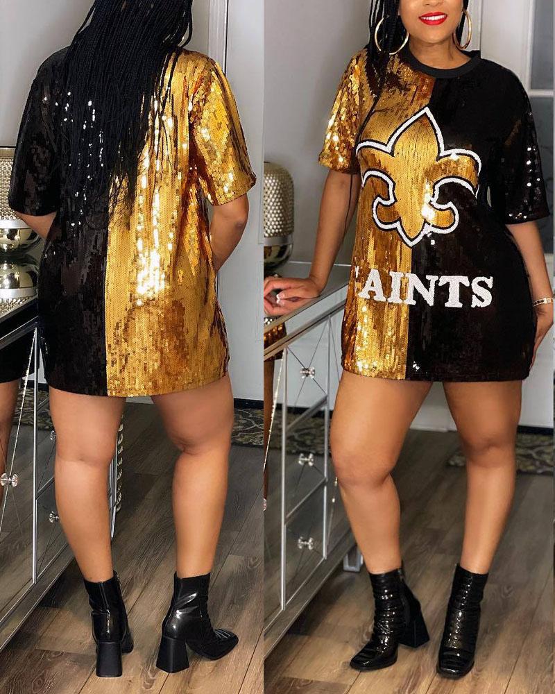 

Colorblock Saints Graphic Allover Sequin Dress, Gold