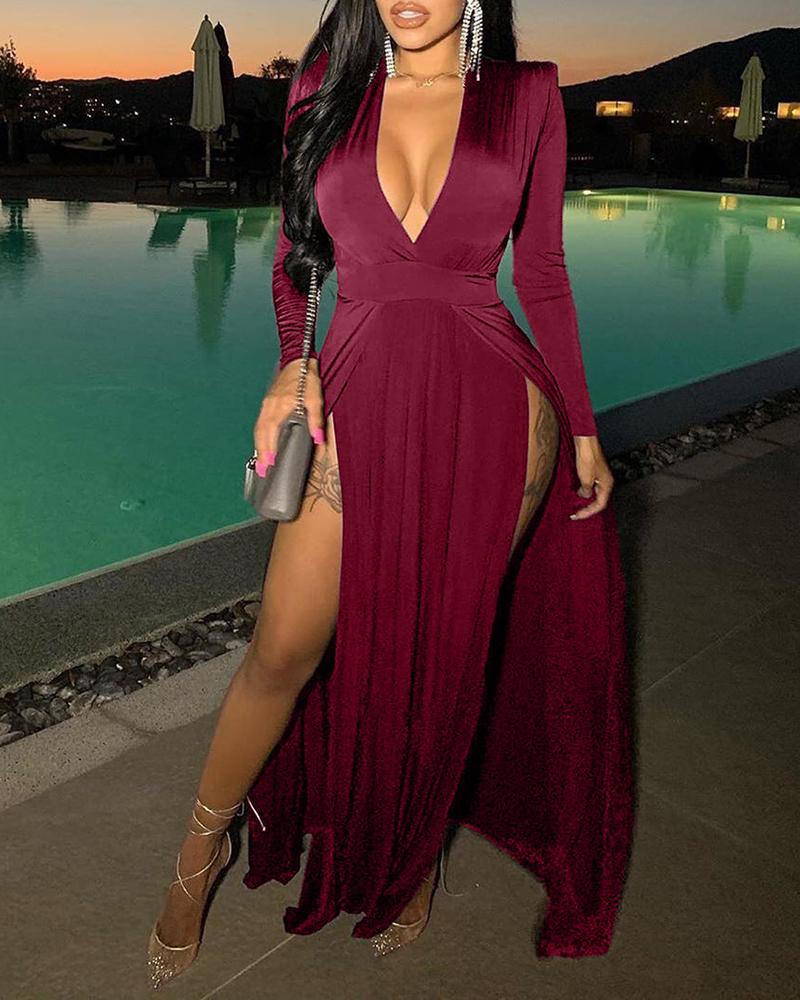 

Plain High Slit Plunge Maxi Dress, Wine red