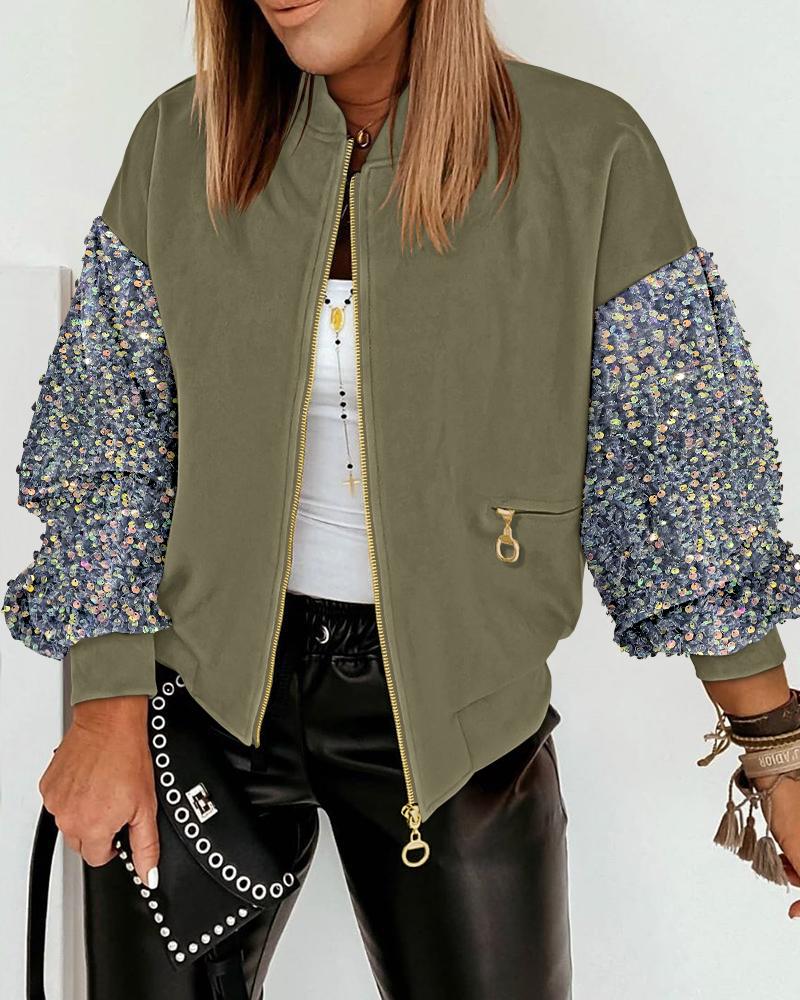 

Veste à paillettes contrastées à manches longues et fermeture éclair - Manteau décontracté scintillant, Army green