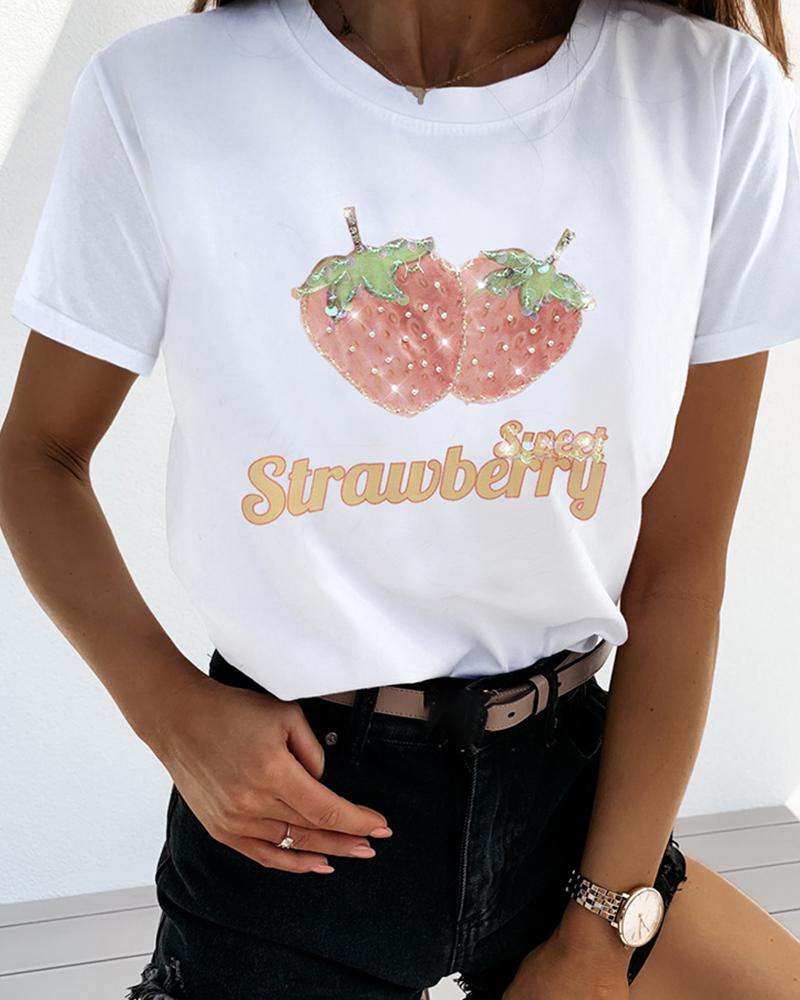 

Beaded Strawberry Pattern Casual T-shirt, White