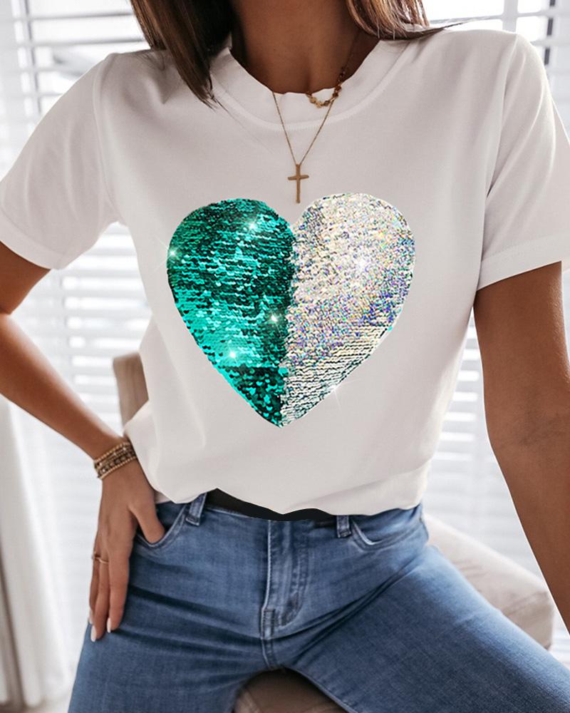 

Heart Pattern Sequins Casual T-shirt, White