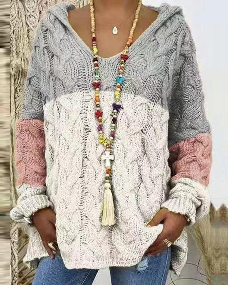 

Colorblock Long Sleeve Hooded Cable Knit Sweater, White