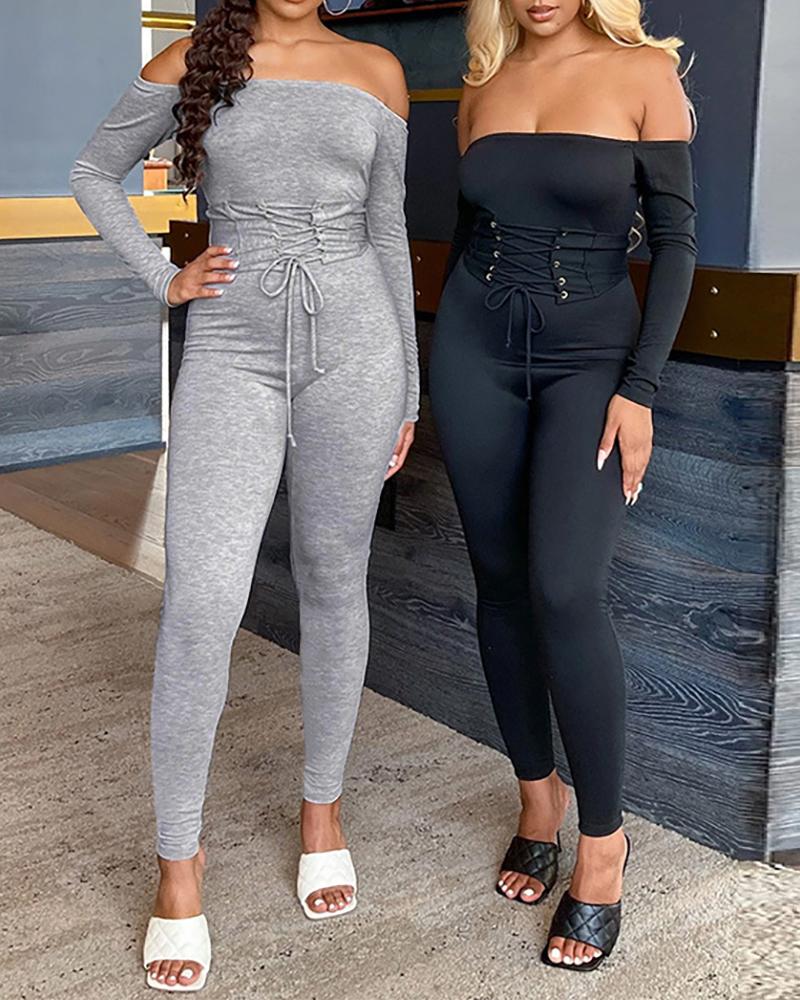 

Long Sleeve Off Shoulder Eyelet Lace-up Jumpsuit, Gray