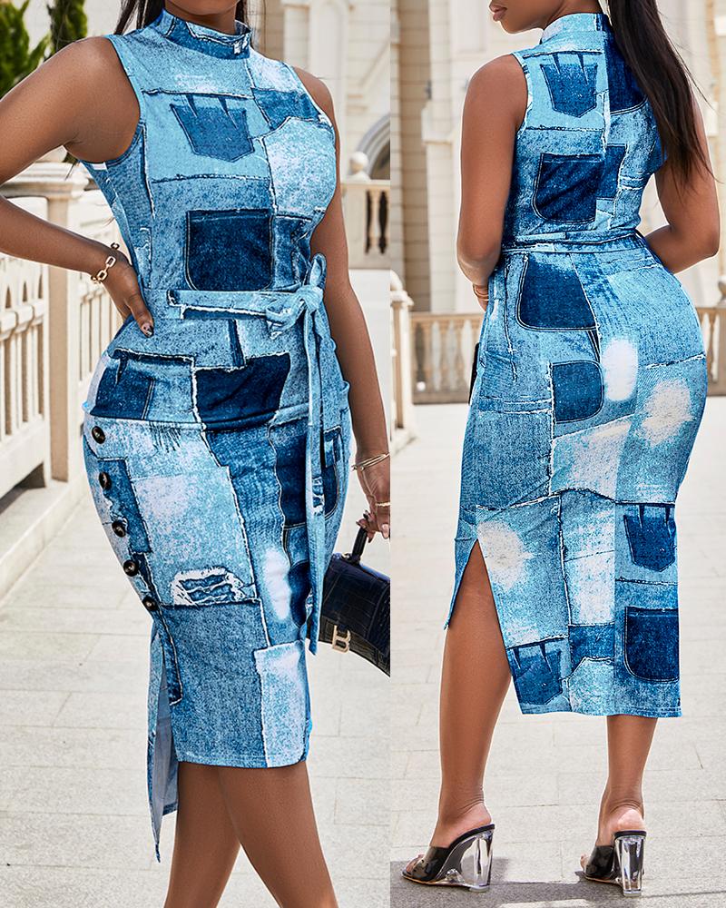 

Denim Look Print Sleeveless Bodycon Dress, Blue
