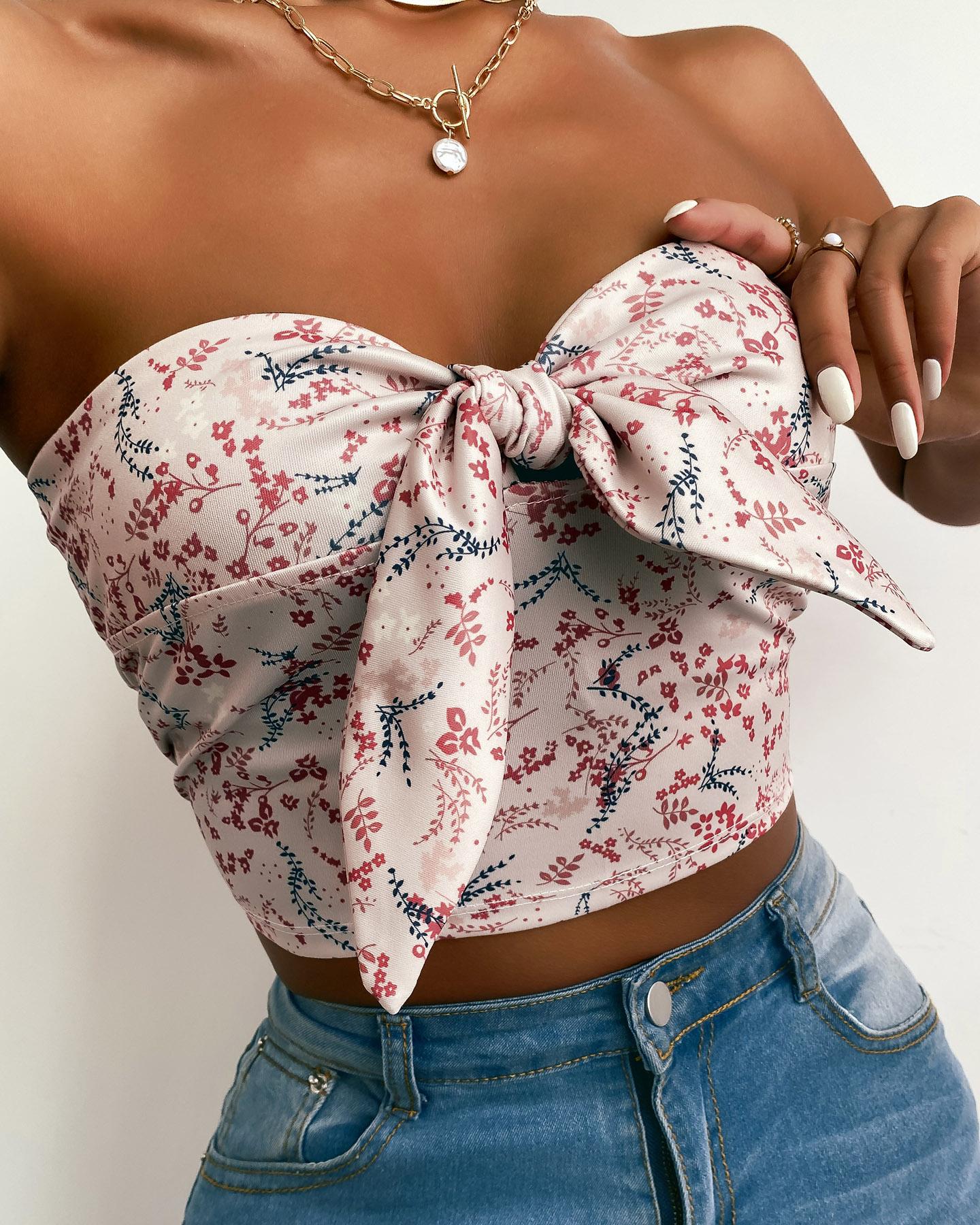 

Ditsy Floral Print Knotted Bandeau Crop Top, Pink