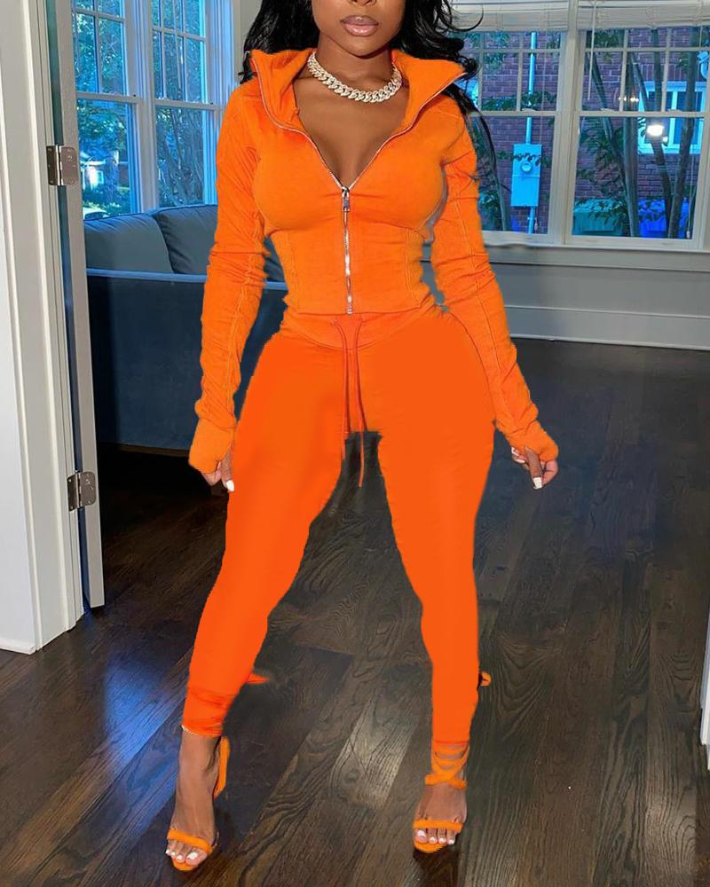 

Long Sleeve Zip Up Top & Drawstring Pants Set, Orange