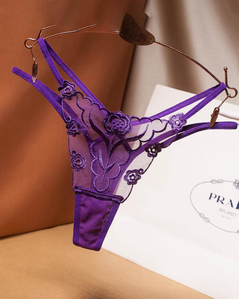 

Floral Embroidery Cutout Low Waist Skinny Thong Panty, Purple