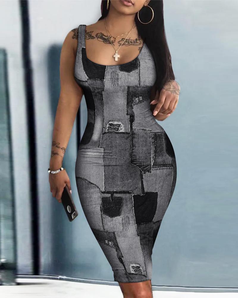 

Denim Look Print Sleeveless U-Neck Bodycon Dress, Gray