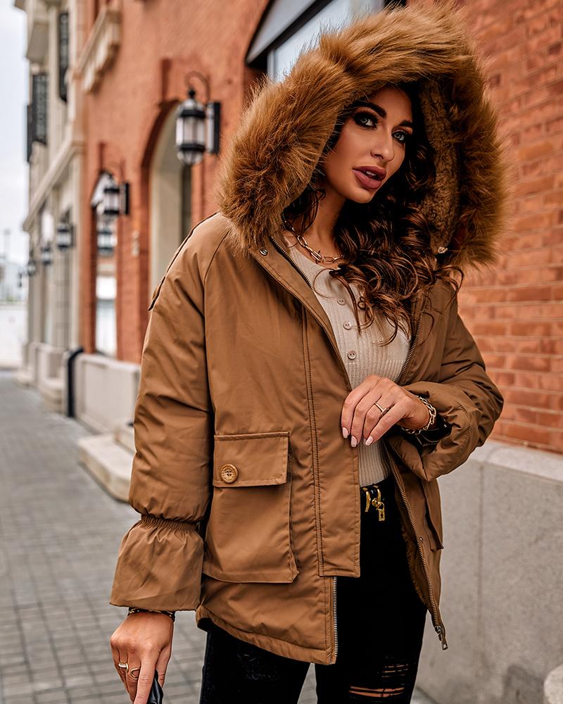

Pocket Design Lined Faux Fur Hooded Parka Coat, Coffee