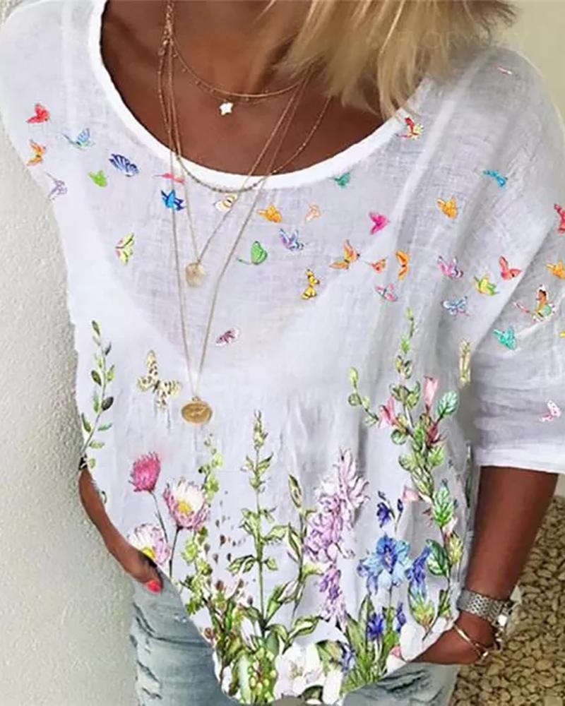 

Floral Butterfly Print Half Sleeve T-shirt, White