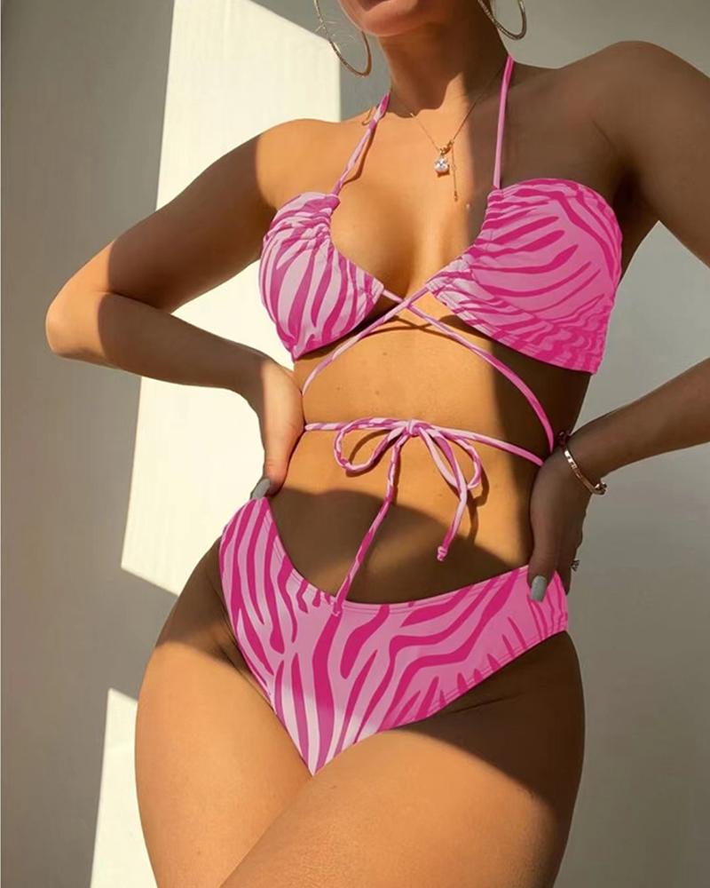 

3PCS Zebra Stripe Print Crisscross Bikini Set With Cover Up, Hot pink