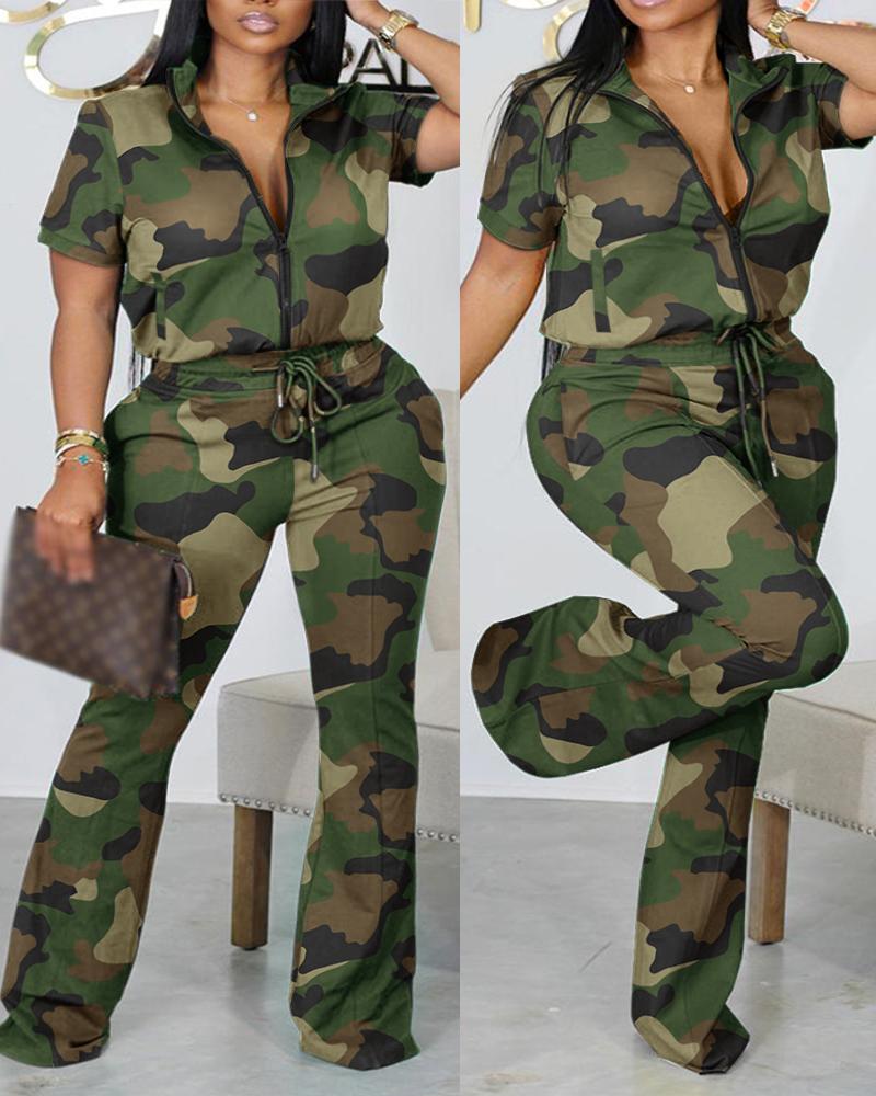 

Plus Size Camouflage Print Zipper Design Top & Pants Set, Camoflage