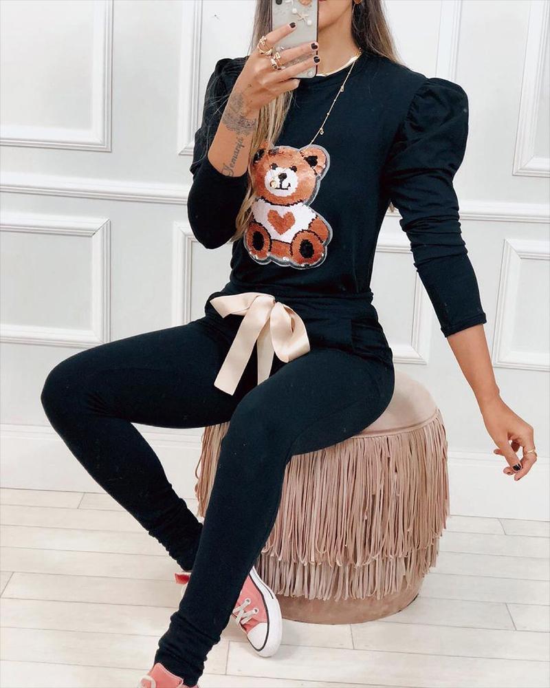 

Contrast Sequin Bear Metallic Puff Sleeve Top & Bow Pants Set, Black
