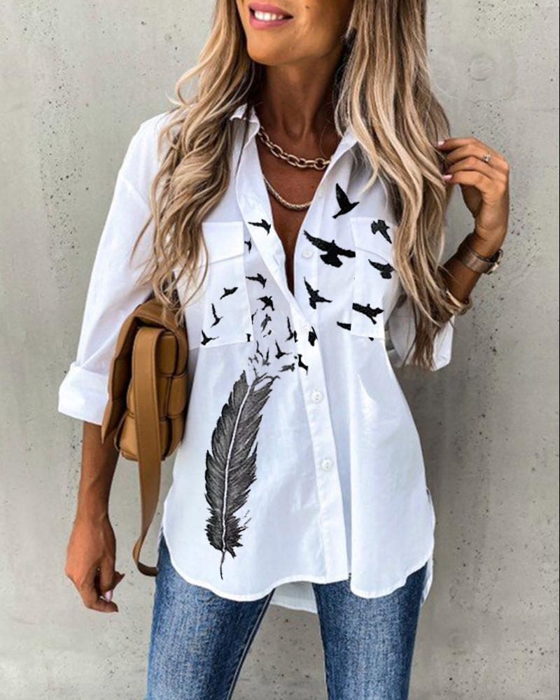 

Feather Bird Print Long Sleeve Button Down Shirt, White