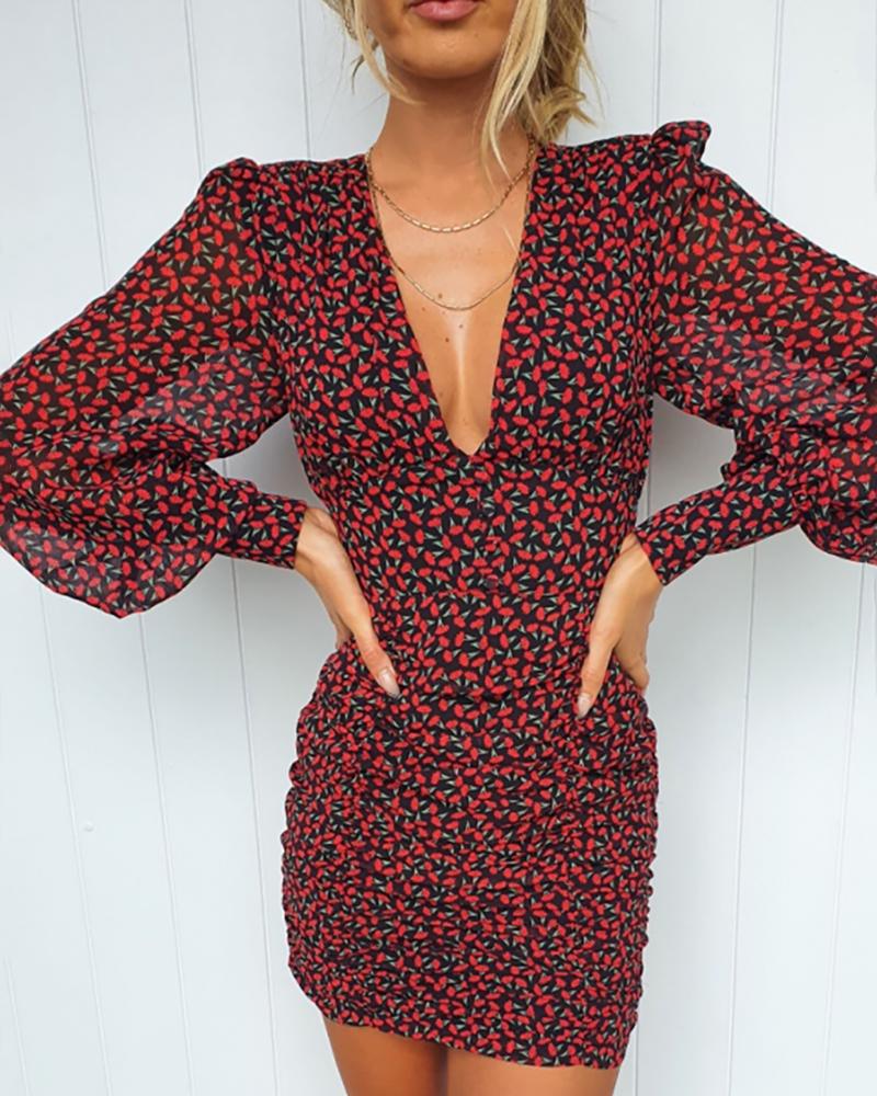 

Ditsy Floral Print Long Sleeve Plunge Bodycon Dress, Red