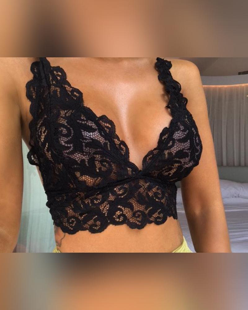

Crochet Lace V-Neck Crop Bralette, Black