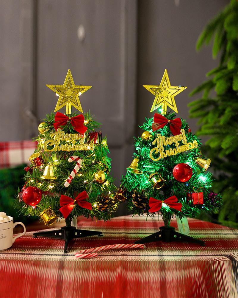 

1pc Artificial Mini Christmas Tree 30cm Tabletop Pre-lit Mini Christmas Tree Set With LED Lights Star Treetopper Hanging Ornaments DIY Christmas Decorations, Style1