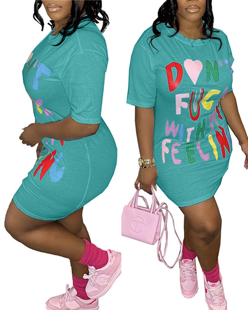 

Letter Print Casual T-shirt Dress, Turquoise blue