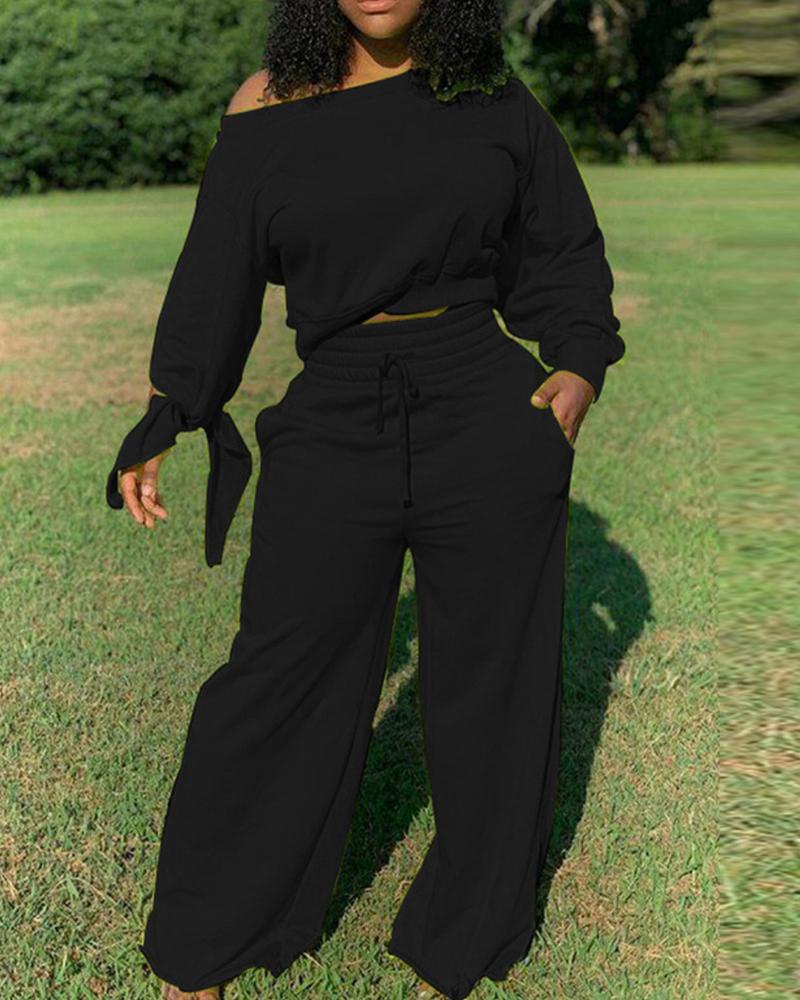 

Solid Tied Detail Top & Drawstring Pants Set, Black