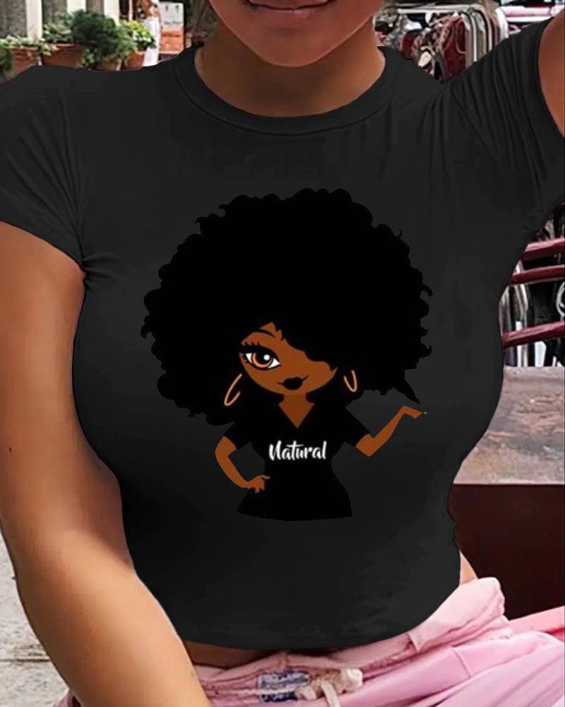 

Plus Size Figure Print Short Sleeve Casual T-shirt, Black