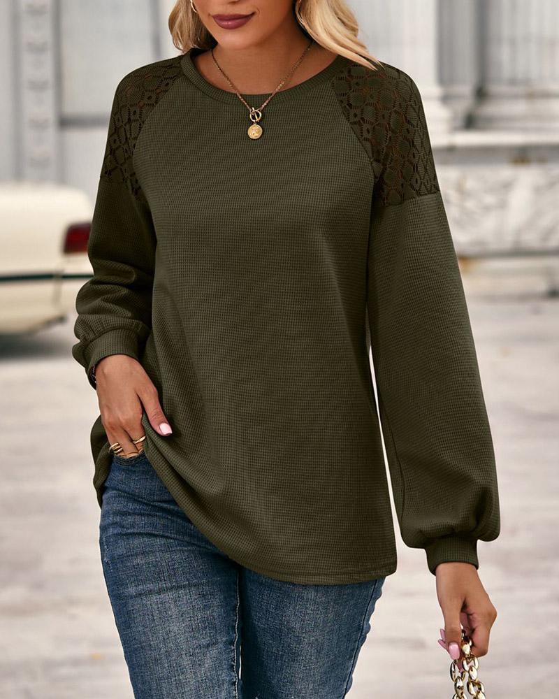 

Contrast Lace Long Sleeve Waffle Knit Top, Army green
