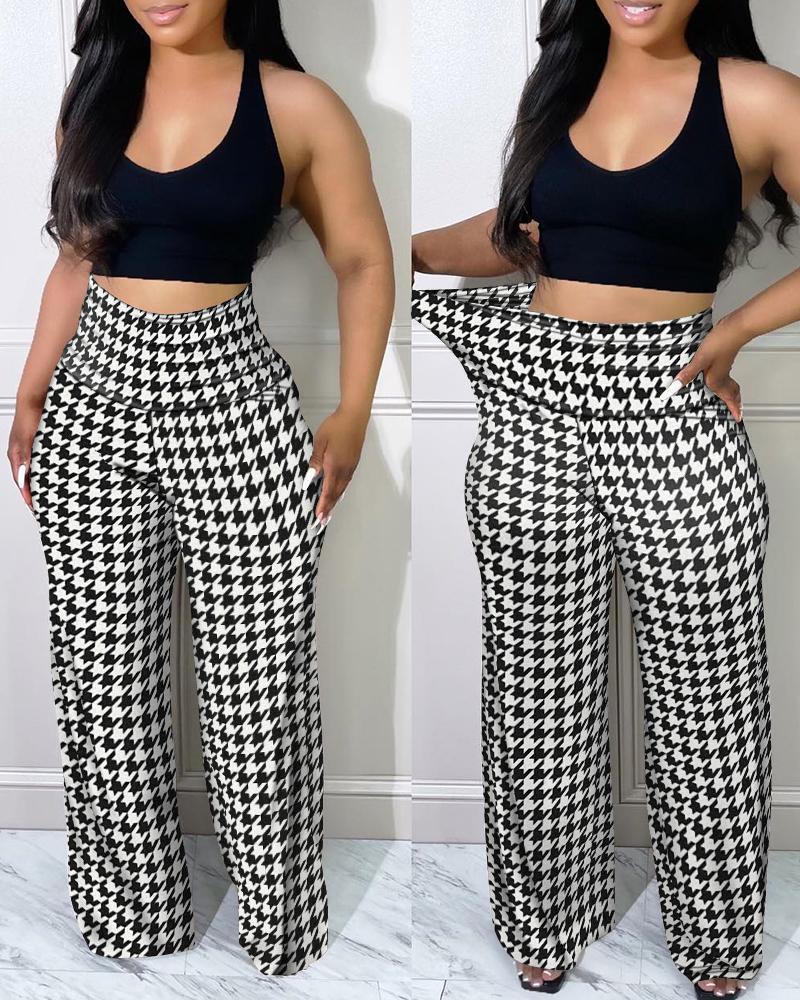 

Houndstooth Print High Waist Pants, Blackwhite