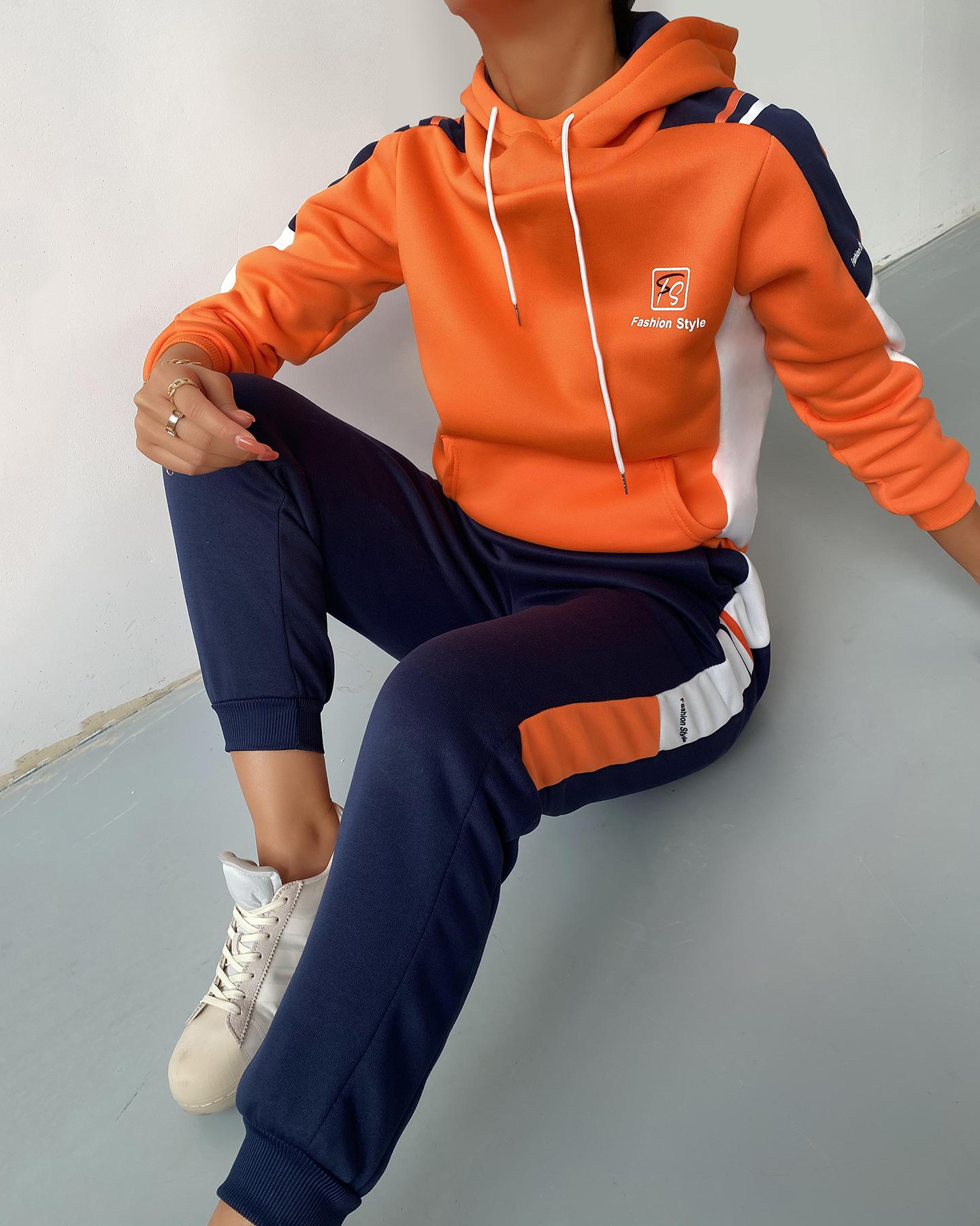 

Colorblock Pocket Front Long Sleeve Hooded Top & Pants Set, Orange