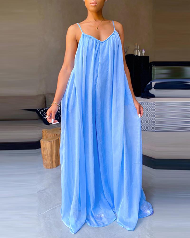 

Mesh Patch Ruched Backless Wide Leg Jumpsuit, Lighted blue