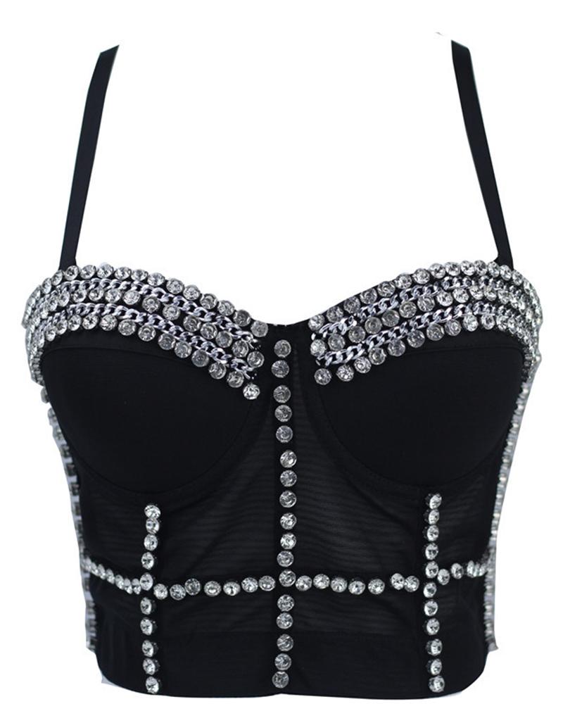 

Studded Rhinestone Chain Decor Crop Corset Top, Black