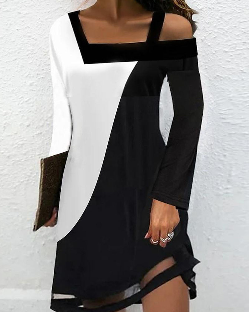 

Colorblock Asymmetrical Cold Shoulder Casual Dress, Black