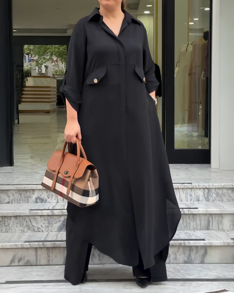 

Conjunto de 2 piezas: blusa larga con cuello vuelto y mangas largas con bolsillos y pantalones casuales de cintura elástica y pierna ancha., Black