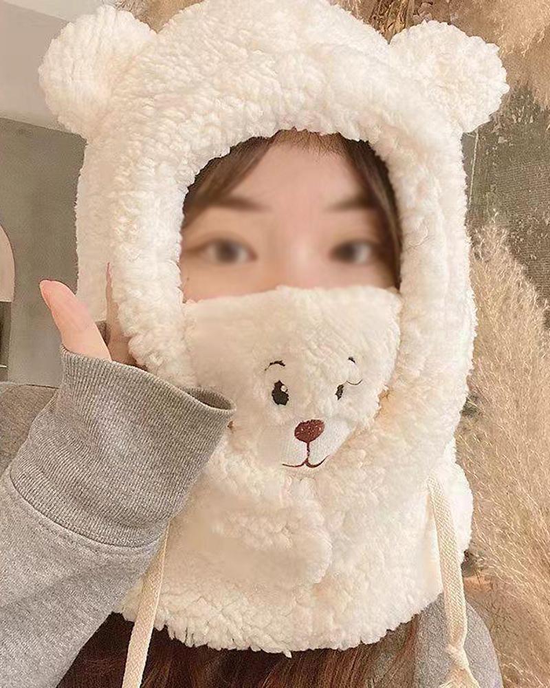 

1pc Embroidery Cute Bear Fluffy Beanie Hat Scarf Mask Neck Warmer Set Drawstring Warm Hooded Winter Balaclava Pullover Hats, Beige