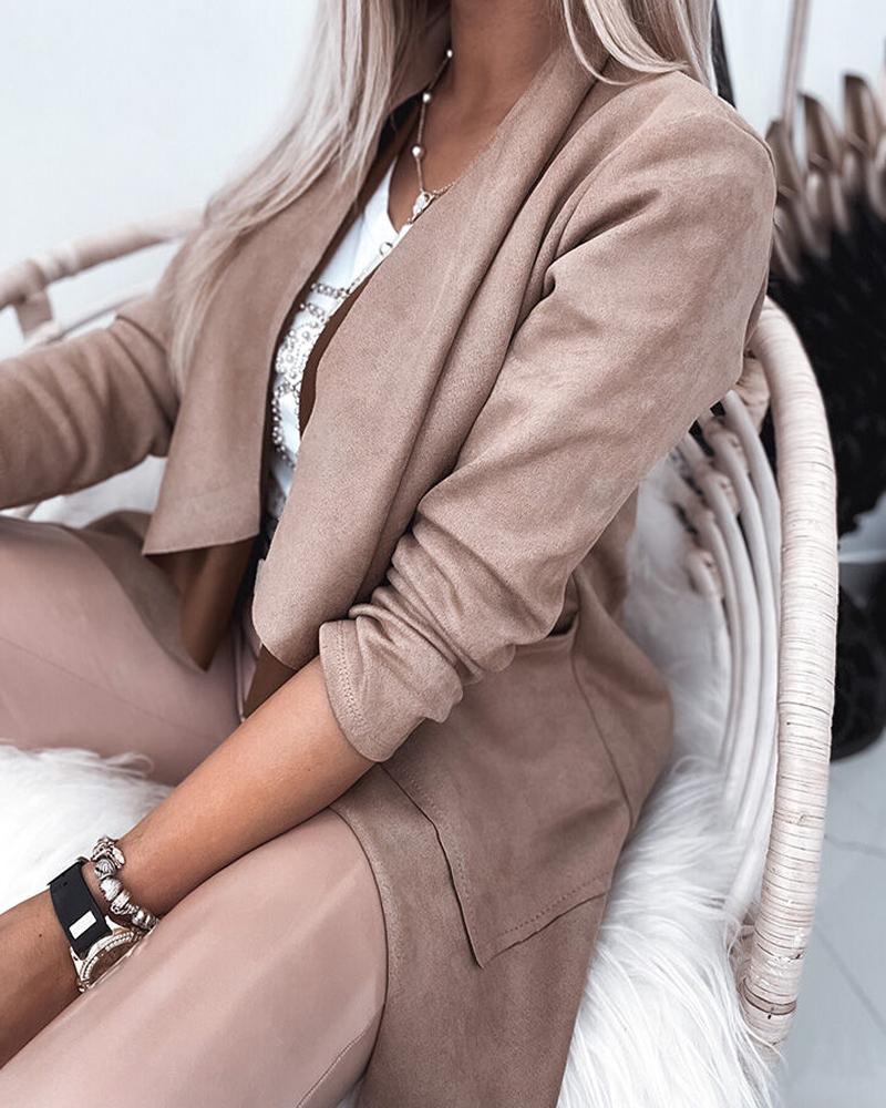 

Long Sleeve Patch Pocket Waterfall Collar Suede Coat, Khaki