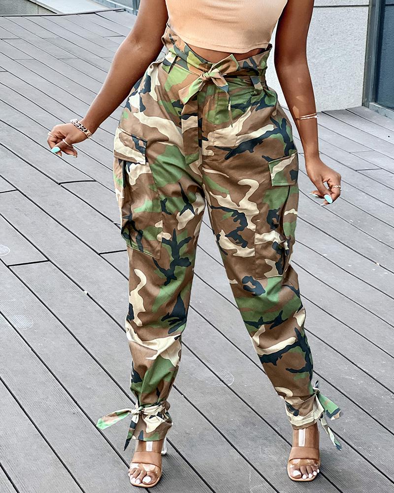 

Camouflage Print High Waist Suspender Bowknot Cargo Pants, Multicolor