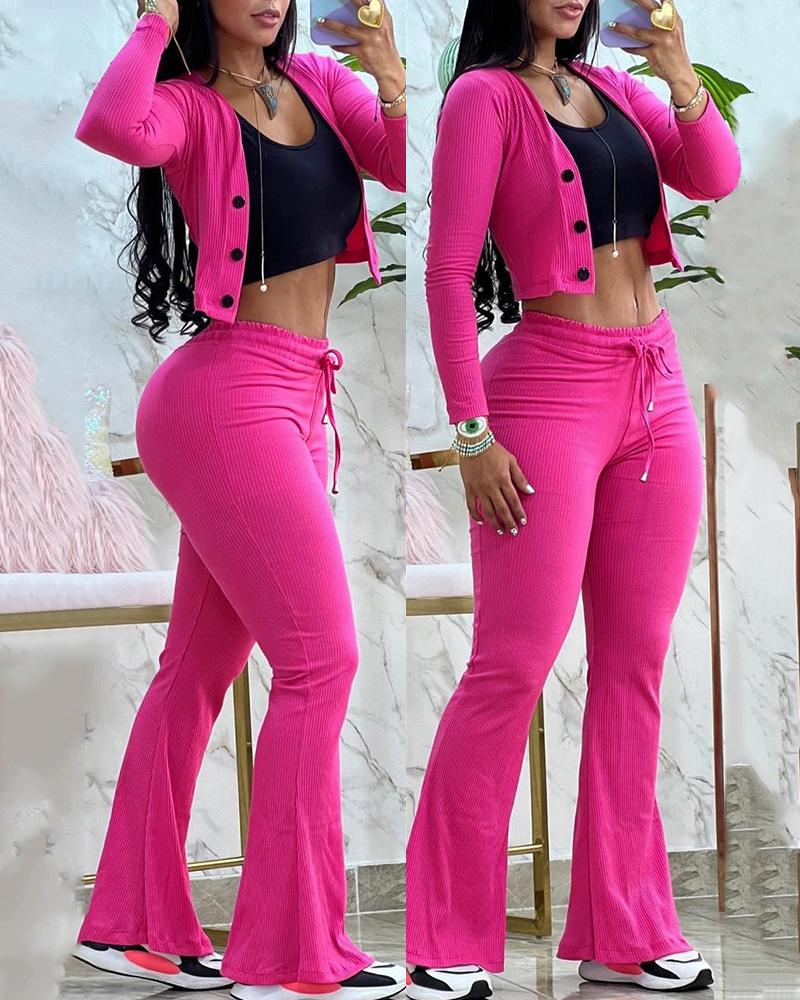 

Long Sleeve Buttoned Top & Casual Flared Pants Set, Hot pink