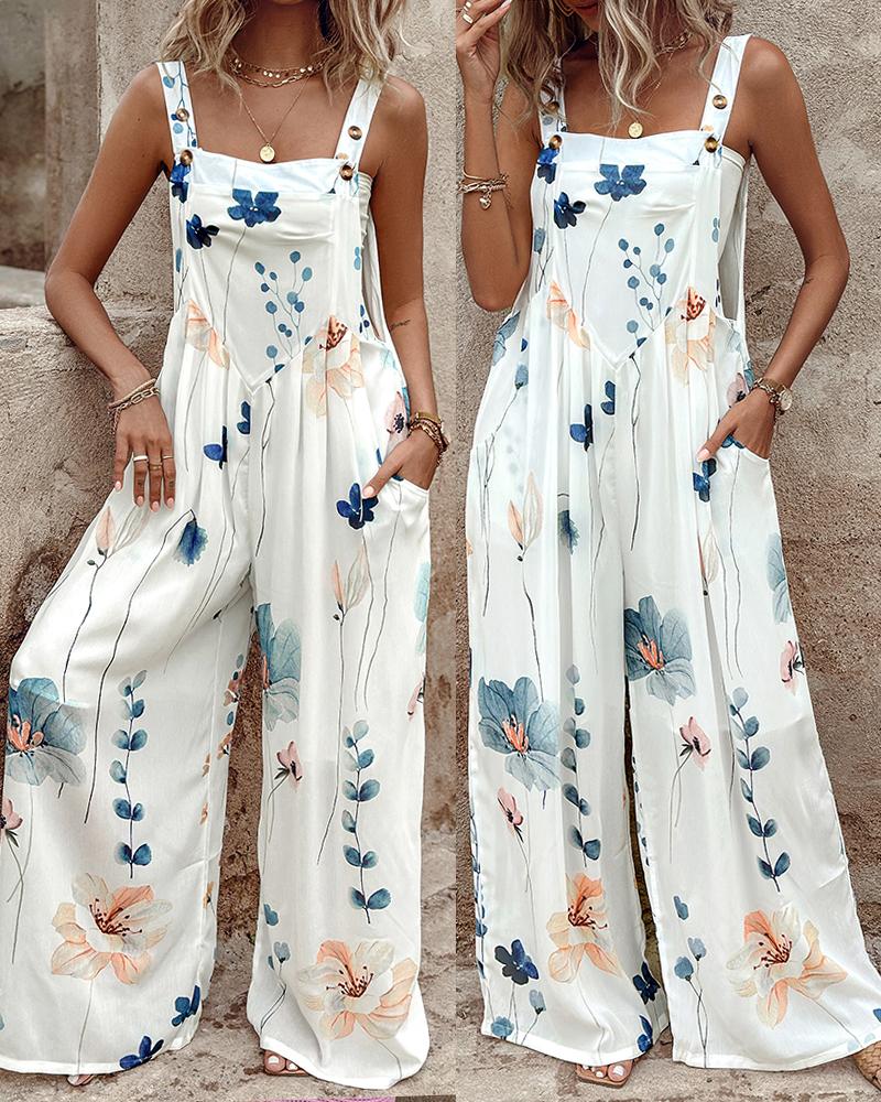 

Floral Print Wide Leg Suspender Jumpsuit, White