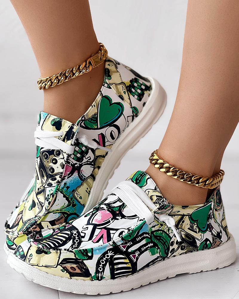 

Love Poker Card Print Lace-up Slip-On Loafers, Green