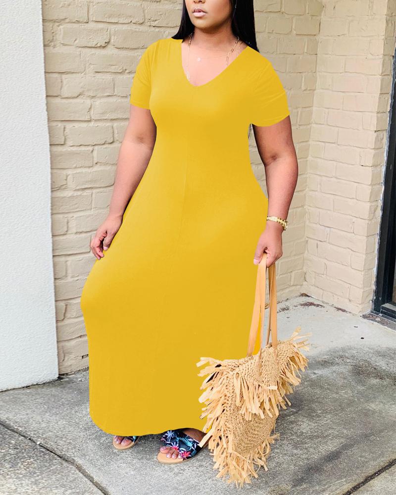 

Plus Size Short Sleeve Pocket Detail Maxi Dress, Yellow