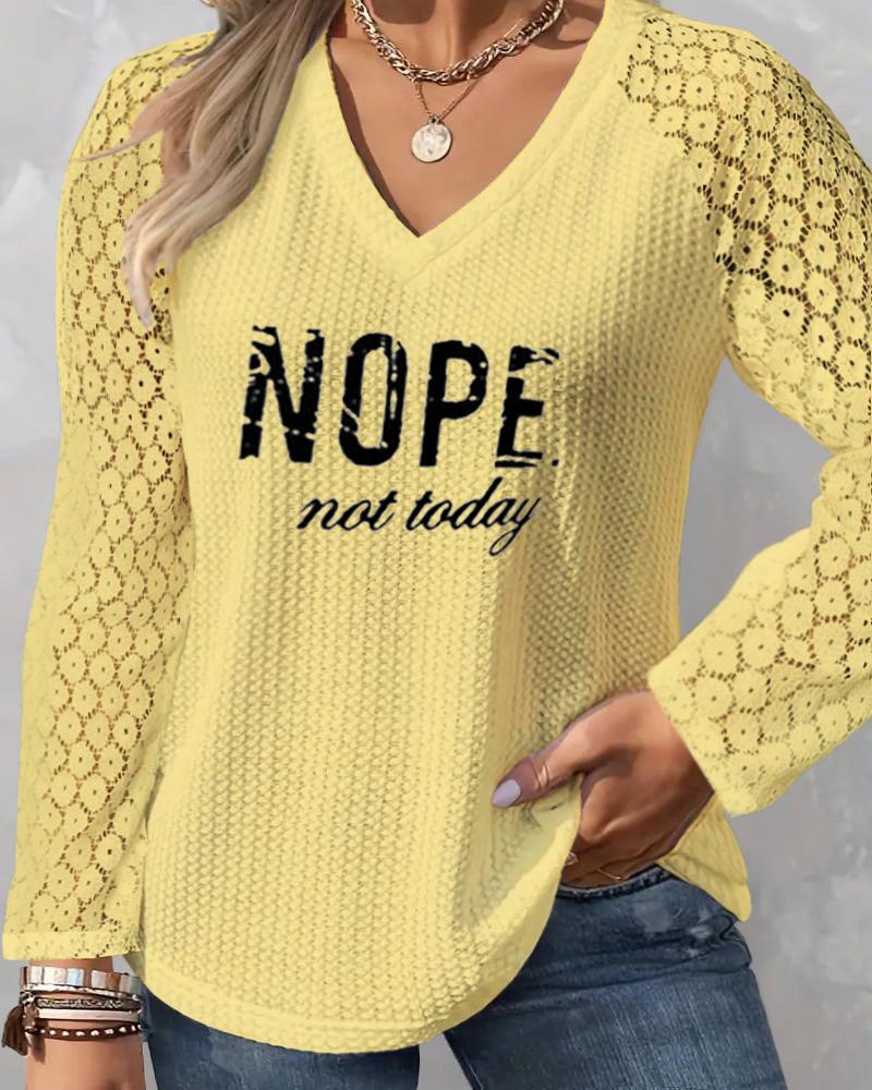 

Plus Size Nope Not Today Print Lace Patch Waffle Knit Top, Yellow