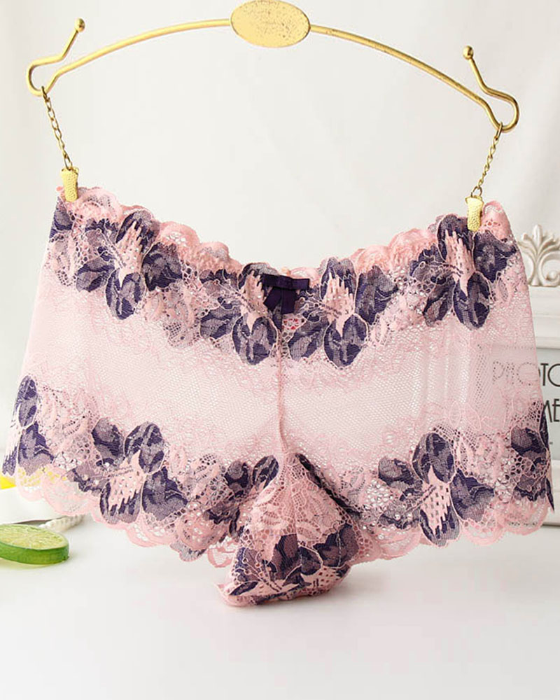 

Floral Pattern Lace Mesh Bowknot Detail Panty, Pink