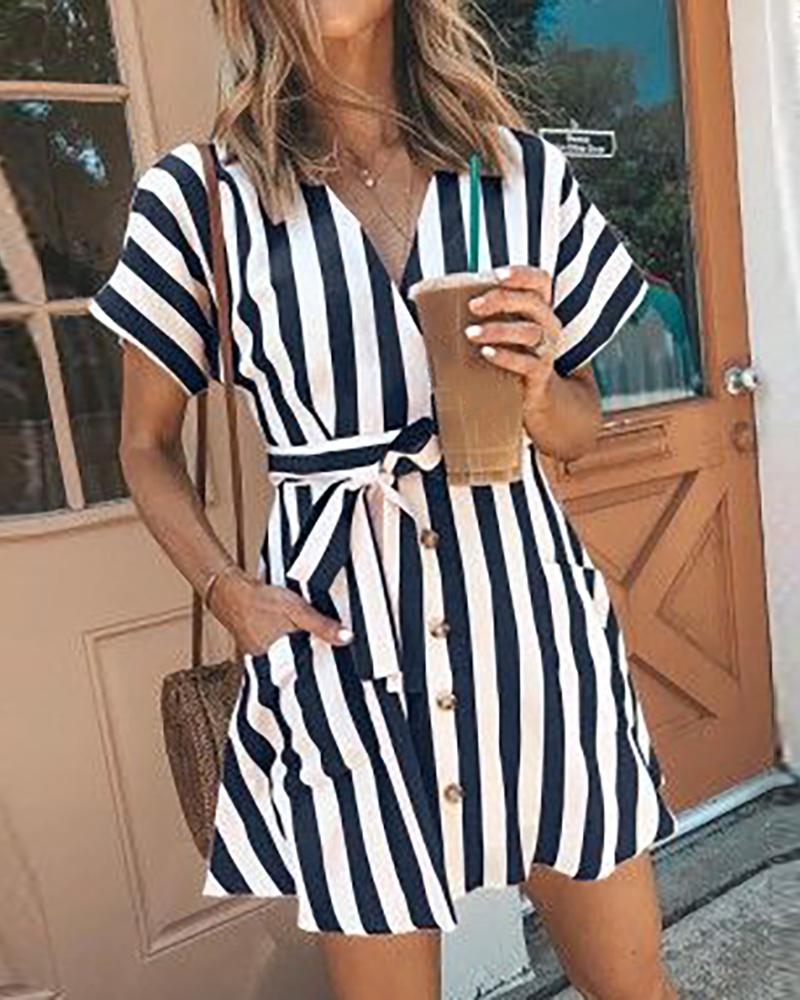 

Striped Button Design Pockets Casual Dress, Black