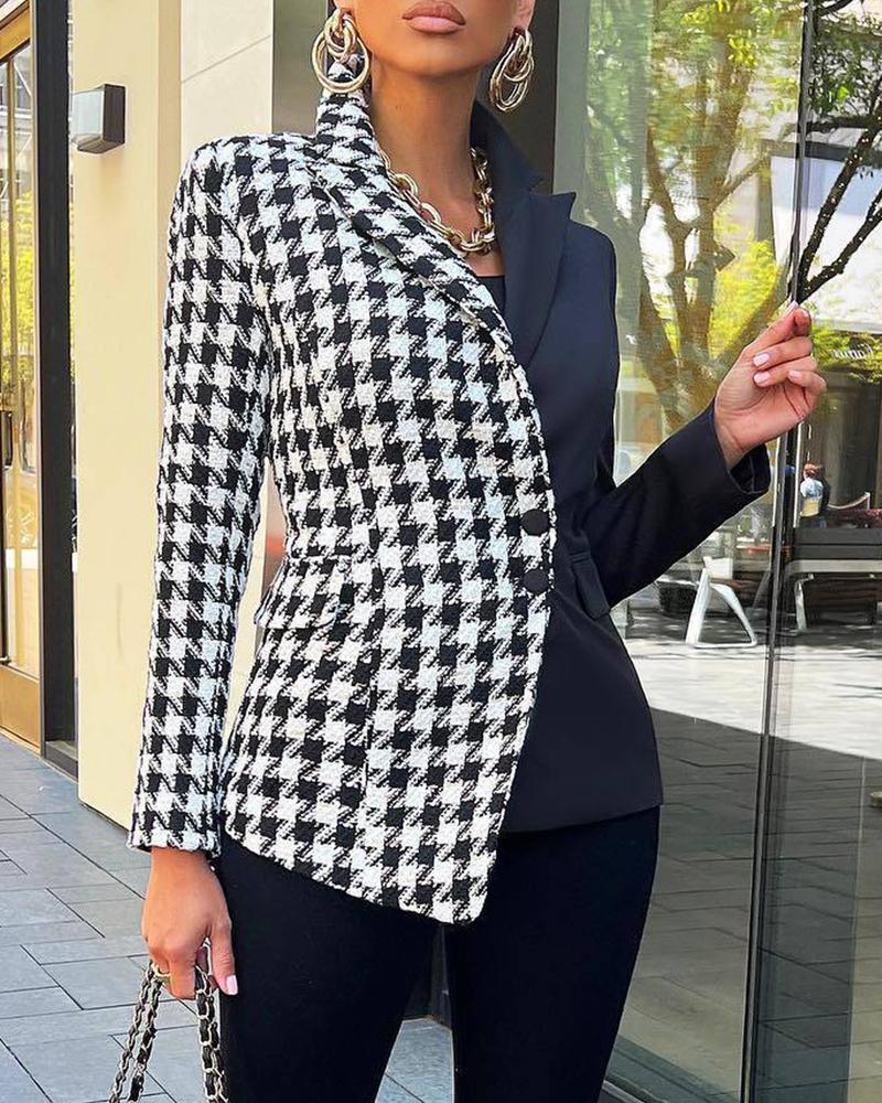 

Houndstooth Print Long Sleeve Blazer, Blackwhite