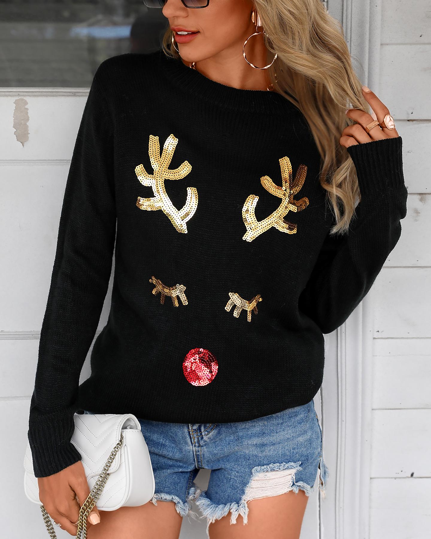 

Christmas Reindeer Print Casual Sweater, Black