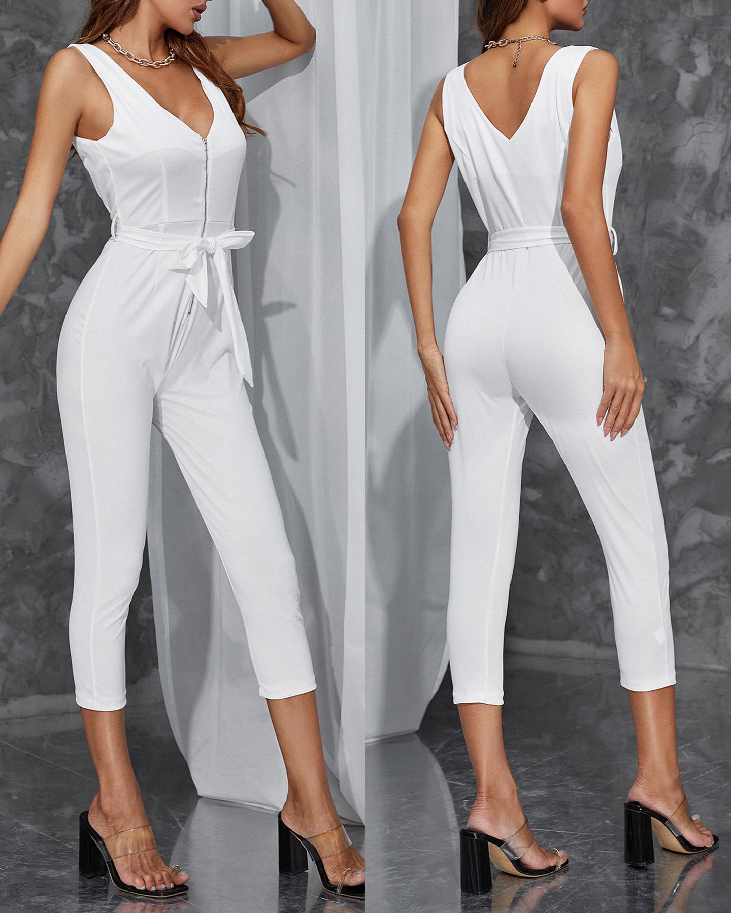 

Solid Color V-Neck Belted Skinny Jumpsuit, White