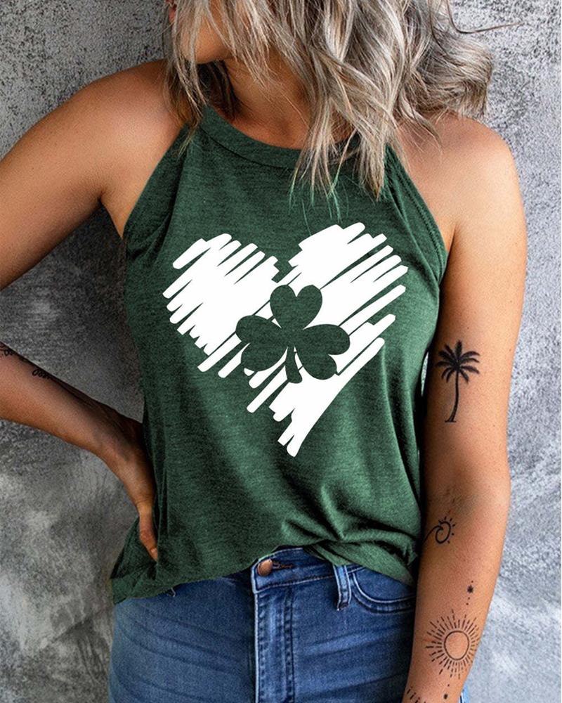 

St. Patrick' Day Lucky Shamrock Heart Print Tank Top, Green