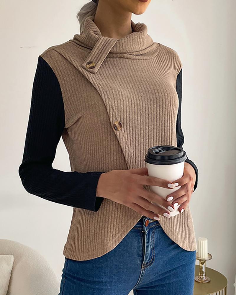 

Colorblock Buttoned Wrap Knit Top, Khaki