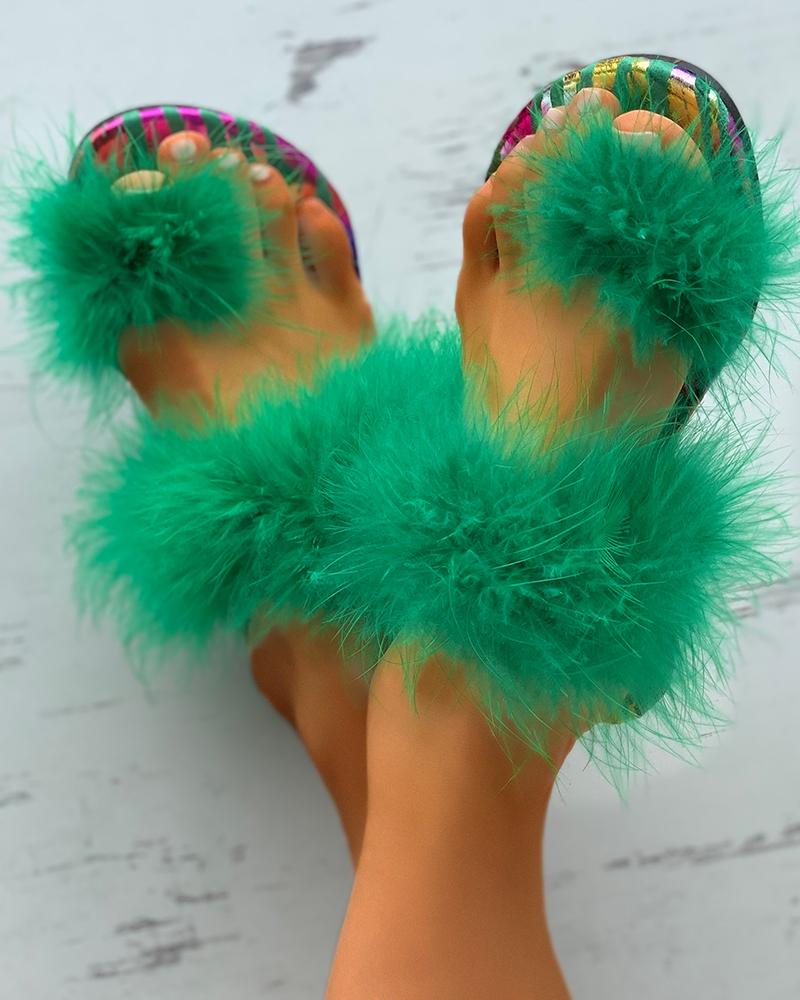 

Feather Detail Toe Post Slide Slippers, Green