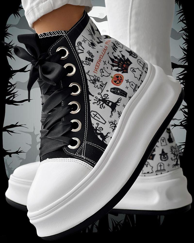 

Halloween Colorblock Cartoon Print Lace-up Side Zipper Design Sneakers, Blackwhite