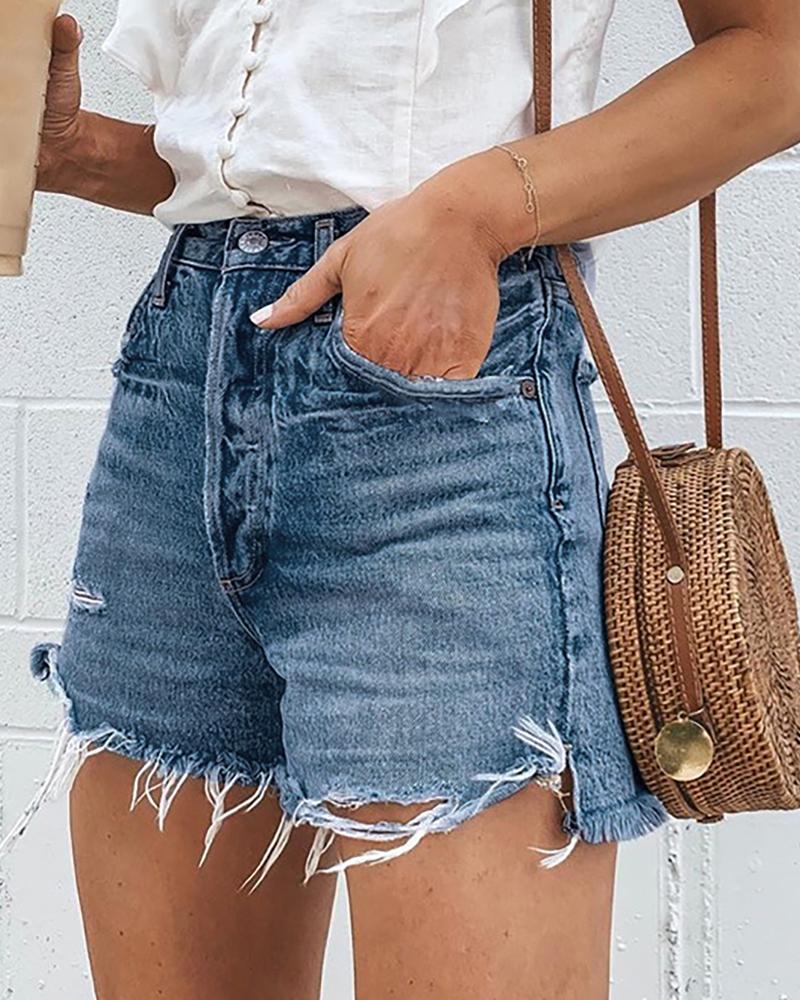 

High Waists Fringe Denim Shorts, Blue