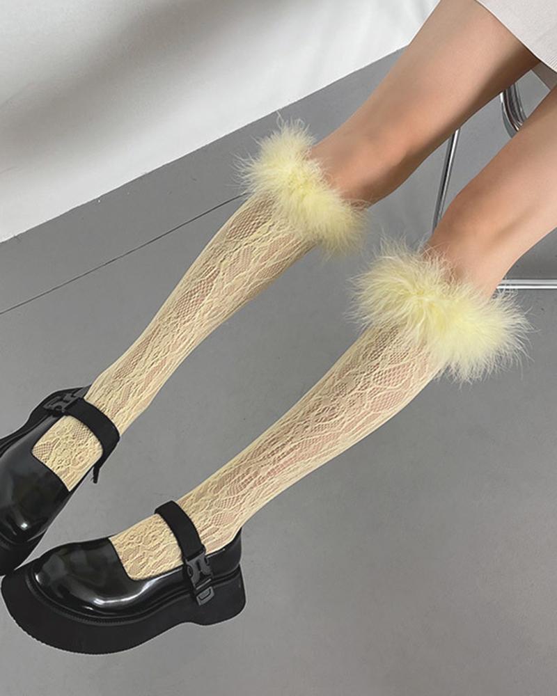 

1Pair Crochet Lace Feather Detail Socks, Yellow